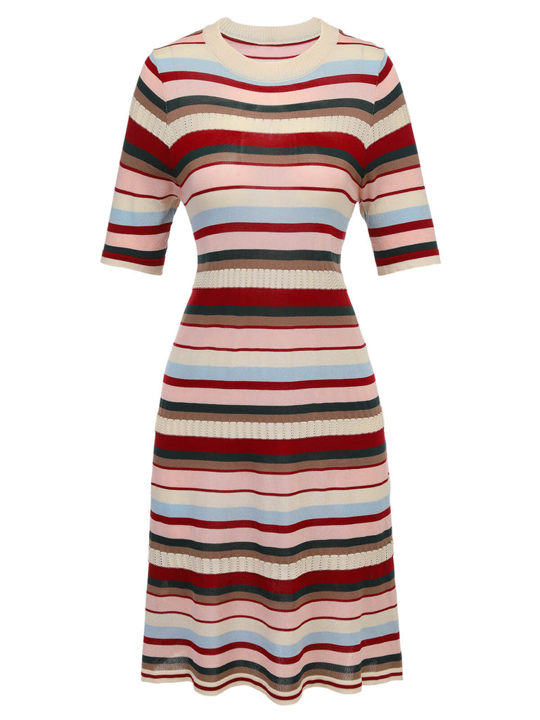 1960er Mehrfarbig gestreiftes Strickkleid