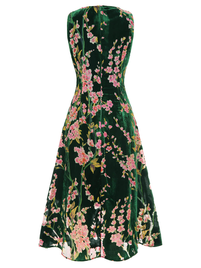 [Vorverkauf] Grünes 1930er Kleid aus geblümtem Samt ohne Ärmel