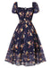 1950er Marineblaues Kleid mit geblümten Blasenärmeln