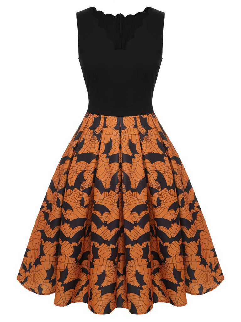 [Vorverkauf] Schwarz & Orange 1950er Halloween Fledermaus ärmelloses Kleid