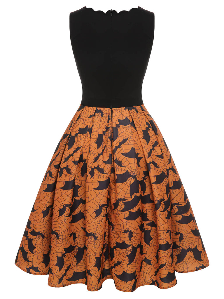 [Vorverkauf] Schwarz & Orange 1950er Halloween Fledermaus ärmelloses Kleid
