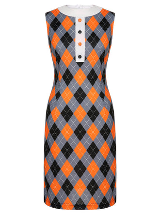 Orangefarbenes 1960er Farbblock-Argyle-Shiftkleid
