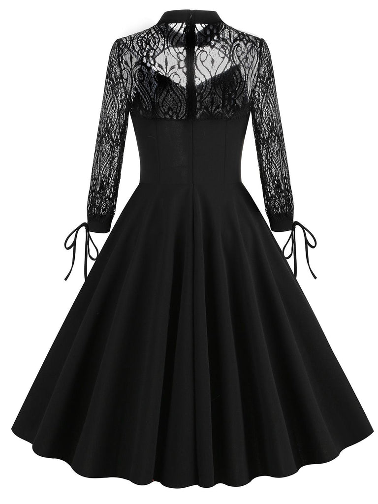 Schwarzes Halloween-Kleid aus bestickter Spitze in Patchwork-Optik