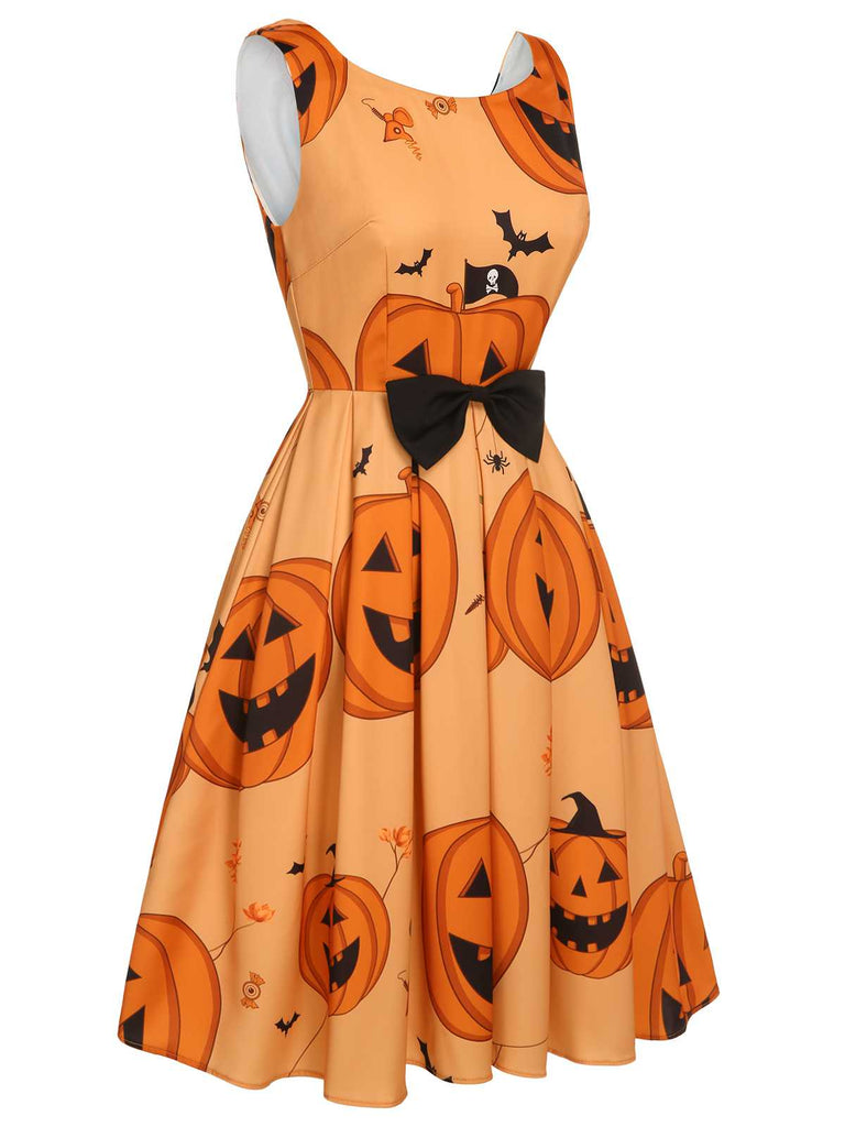 [Vorverkauf] Orangefarbenes ärmelloses 1950er Halloween-Kleid mit Perlenstickerei
