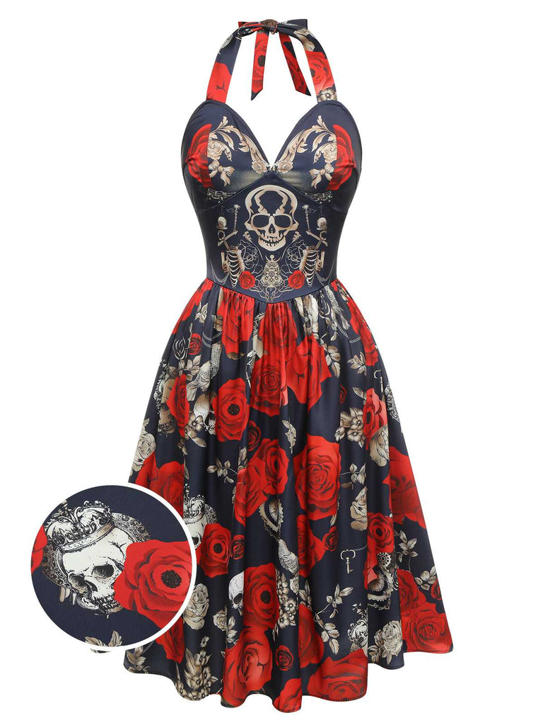 [Vorverkauf] Schwarzes 1950er Sweetheart Skeleton Rose Swing Kleid