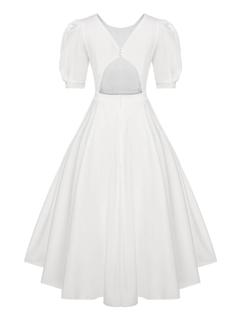 Weiß 1950er Swing Kleid Mit Puffärmeln