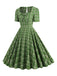 1950s Gingham Plaid Quadratischer Ausschnitt Ausgestelltes Kleid