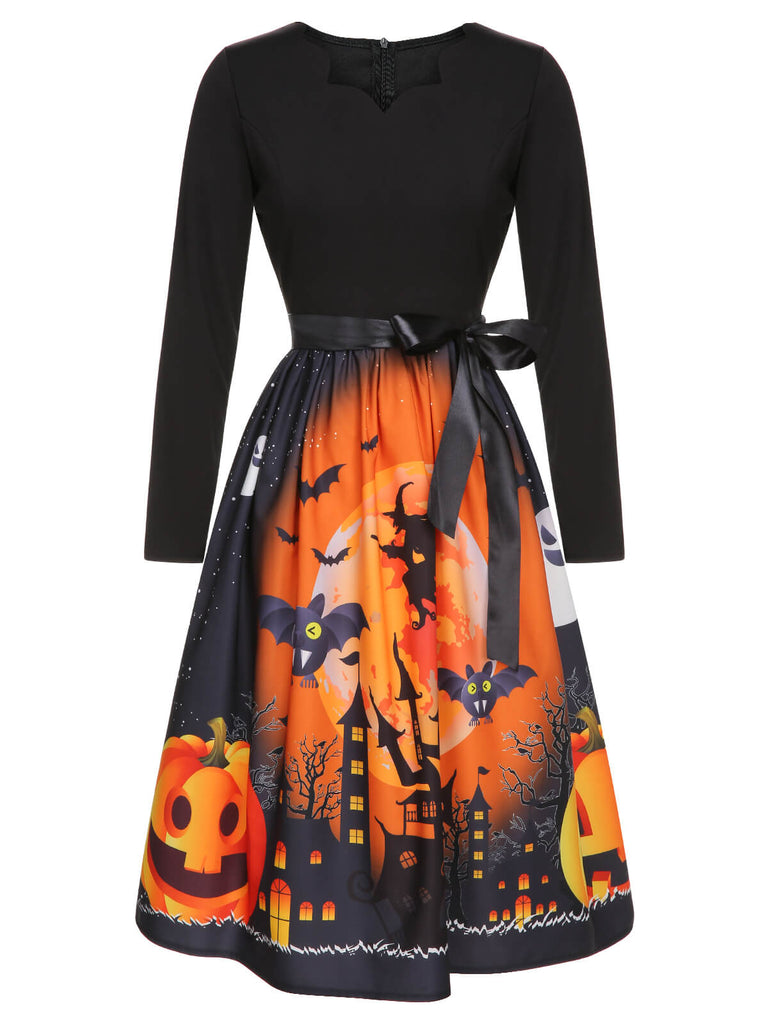 1950s Black Halloween Swing Long Sleeve Dress