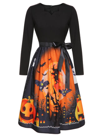 Schwarz 1950er Halloween Fledermaus Kürbis Kostüm Swing Langarmkleid