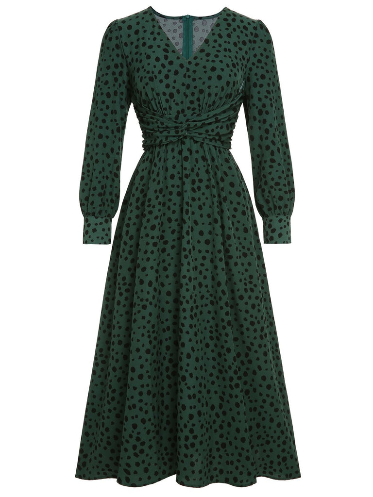 Grünes Leopard-Kleid mit V-Ausschnitt und A-Linie