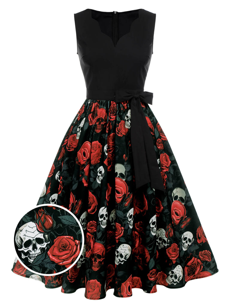 [Vorverkauf] Schwarzes 1950er Halloween Totenkopf Rose Ärmelloses Kleid