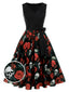 Schwarz 1950er Halloween Totenkopf Rose Ärmelloses Kleid