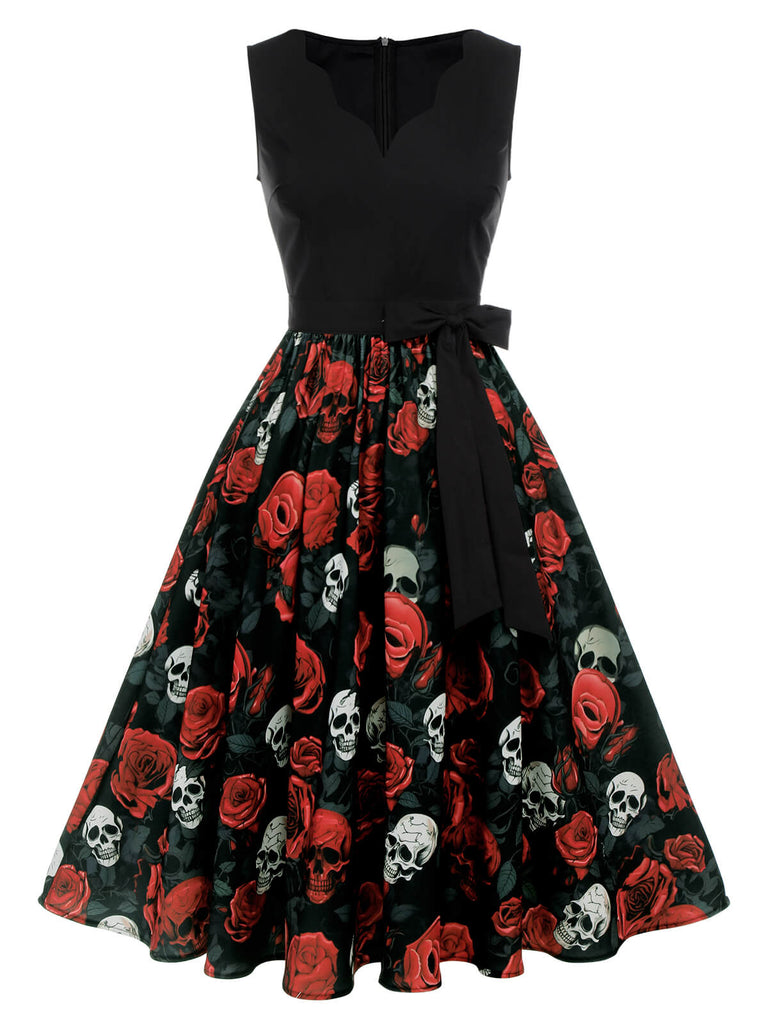 [Vorverkauf] Schwarzes 1950er Halloween Totenkopf Rose Ärmelloses Kleid