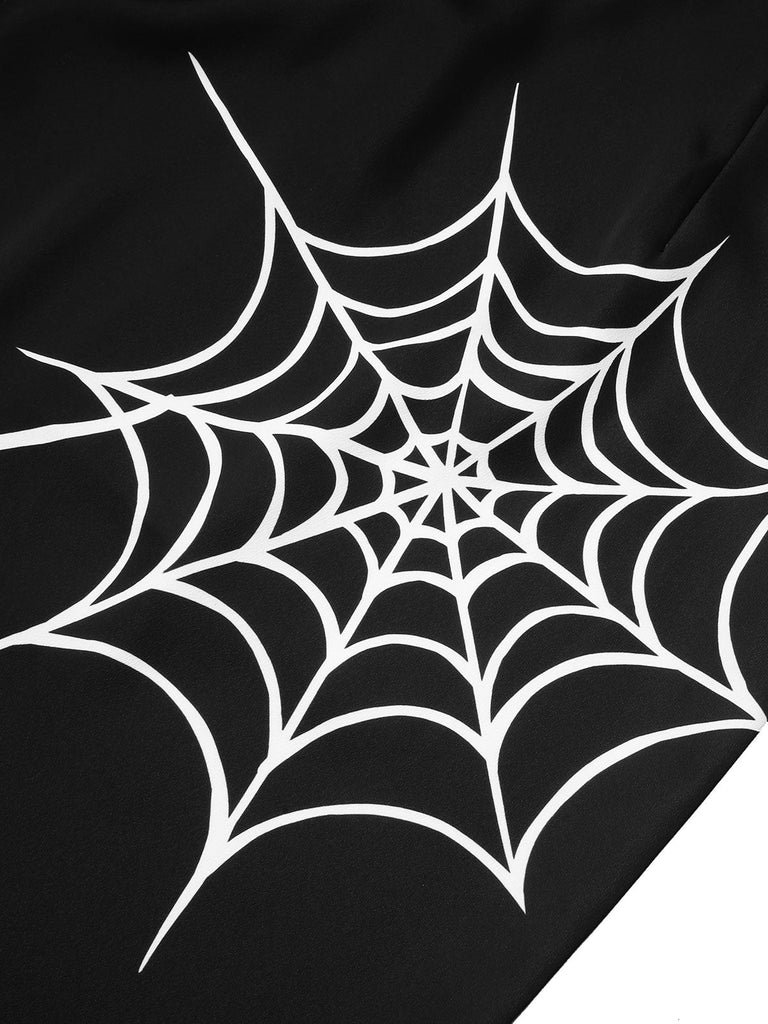 [Vorverkauf] Schwarzes 1960er Halloween Spinnennetz Glocken-Bleistiftkleid