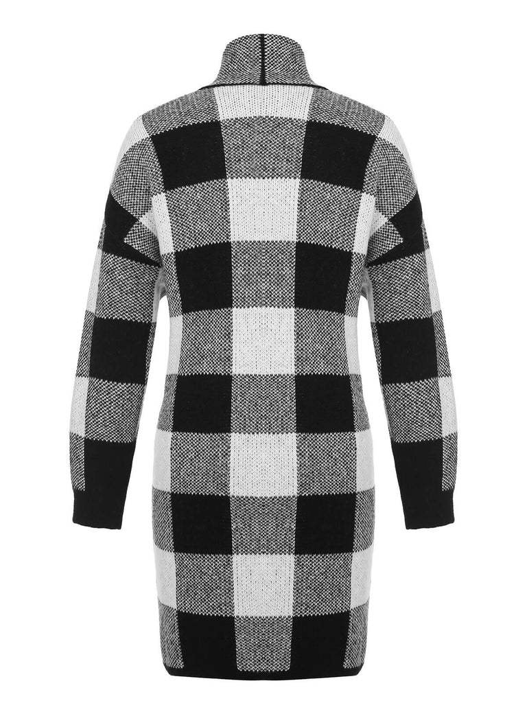 Schwarz-graue 1950er karierte Strickjacke lang