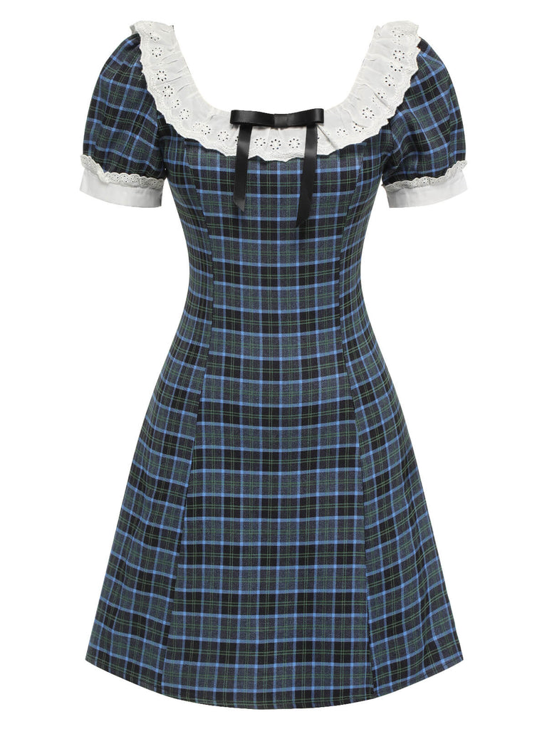 1950s Blau Grün Kariertes Kleid mit Rundhalsausschnitt