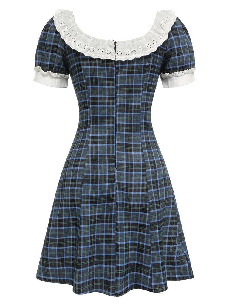 1950s Blau Grün Kariertes Kleid mit Rundhalsausschnitt