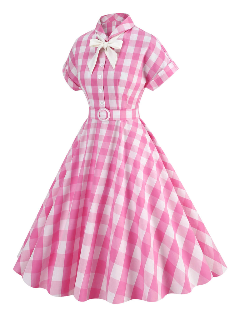 1950er Kariertes Swing-Kleid mit Schleife und Revers