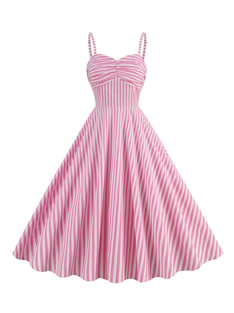 Rosa 1950er Spaghetti Strap Stripes Swing Kleid