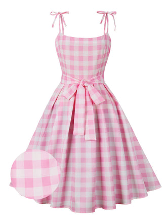 Rosa 1950er Spaghettiträger Plaid Bogen Swing Kleid