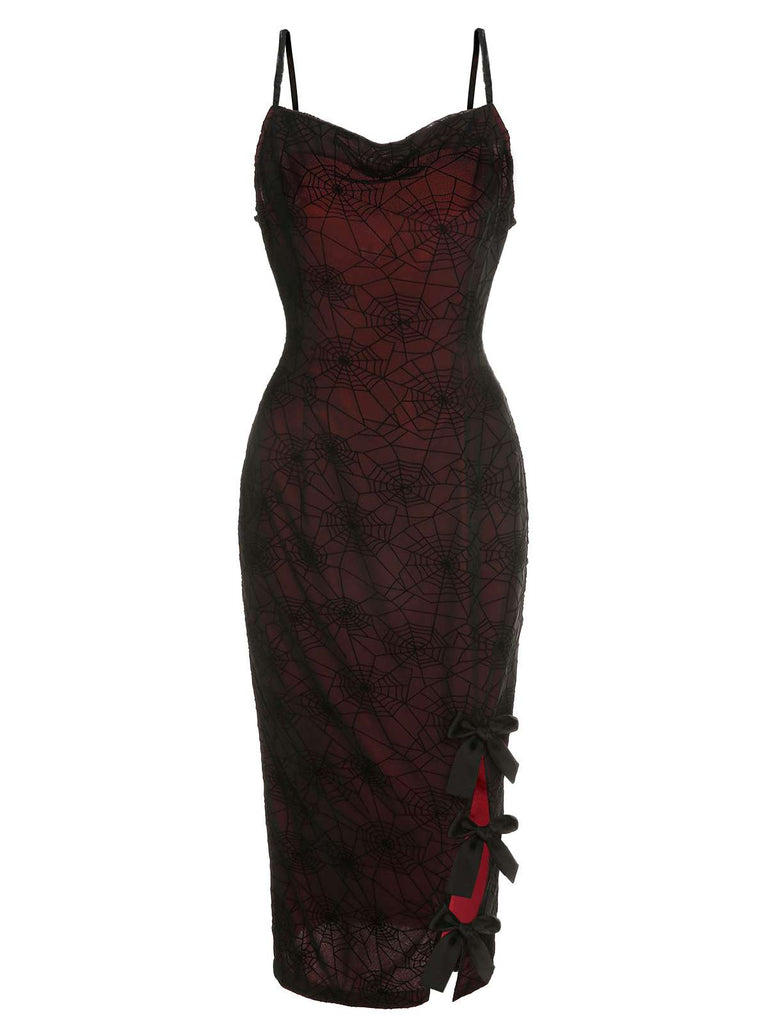 [Vorverkauf] Tiefrotes 1960er Halloween-Spinnennetz-Kleid
