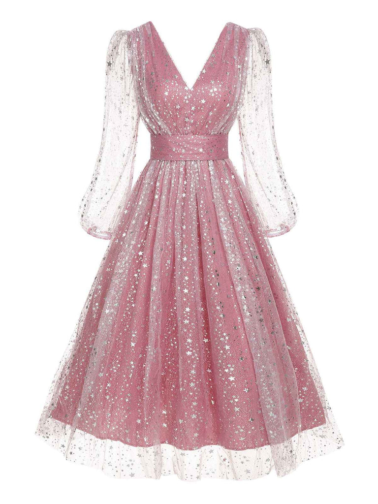 1950er V-Ausschnitt Hochtailliertes Stars Mesh Kleid Mit Gürtel