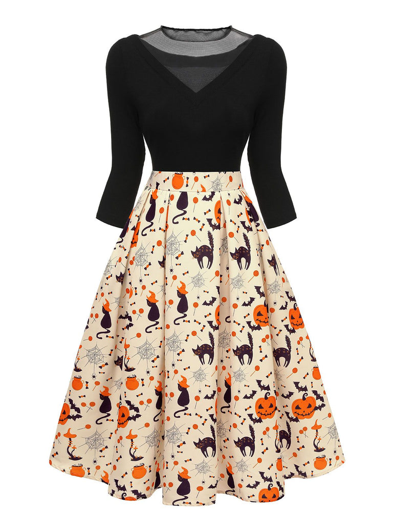 [Vorverkauf] 1950er Halloween Kürbis Katze gestrickt Top Patchwork Kleid