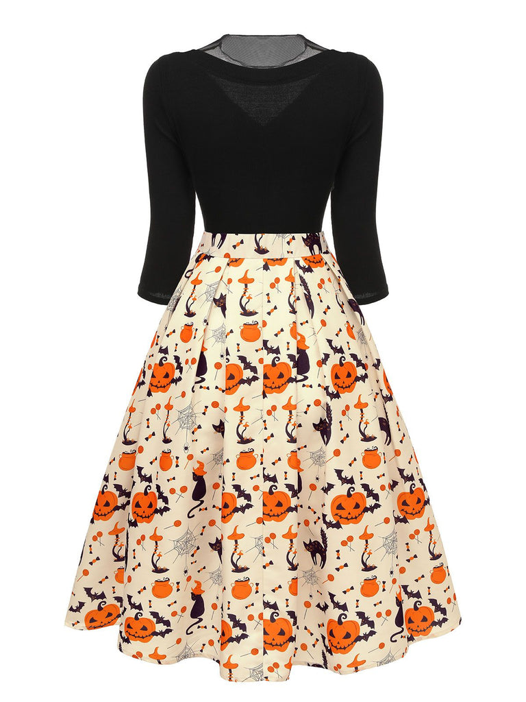 1950er Halloween Kürbis Katze gestrickt Top Patchwork Kleid