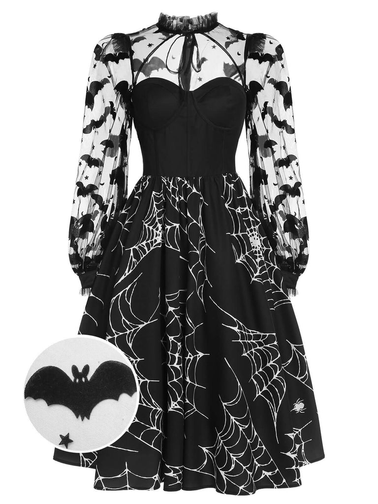 [Vorverkauf] Schwarzes 1950er Halloween Fledermaus Kleid mit Mesh Ärmeln