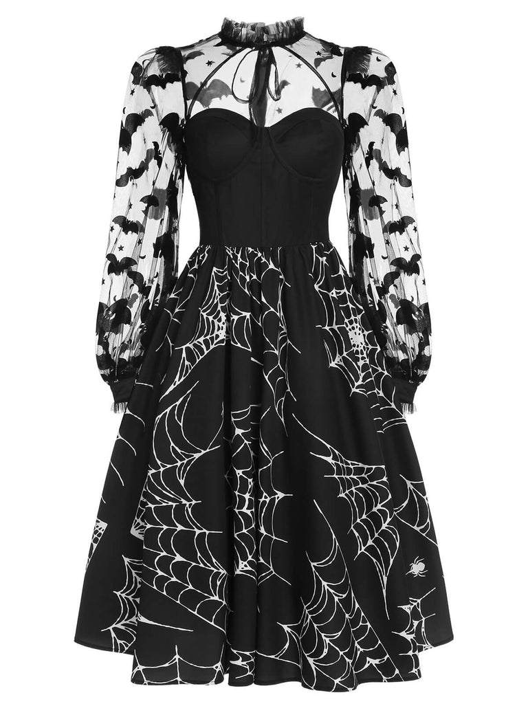 [Vorverkauf] Schwarzes 1950er Halloween Fledermaus Kleid mit Mesh Ärmeln