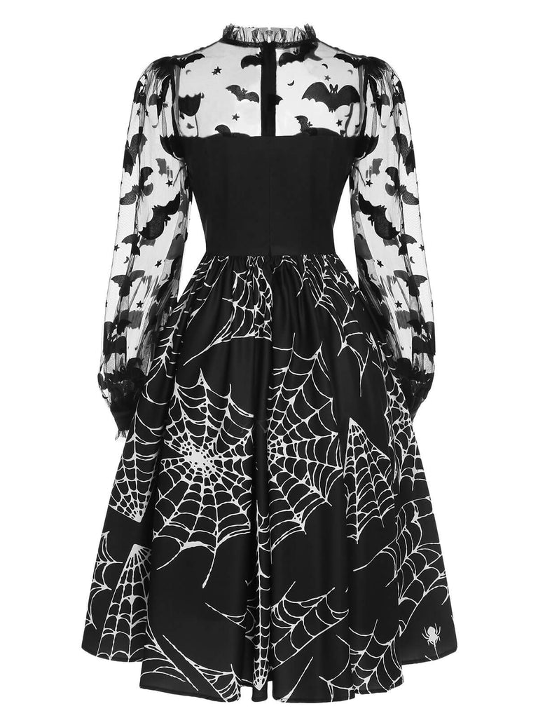 [Vorverkauf] Schwarzes 1950er Halloween Fledermaus Kleid mit Mesh Ärmeln