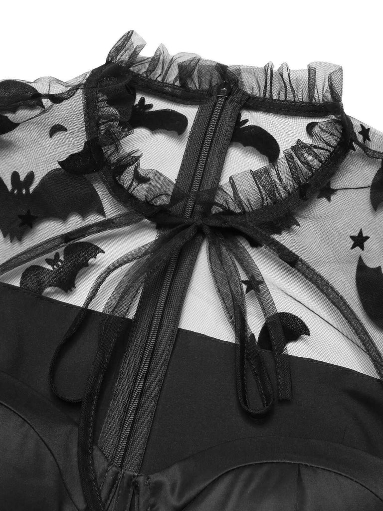 [Vorverkauf] Schwarzes 1950er Halloween Fledermaus Kleid mit Mesh Ärmeln