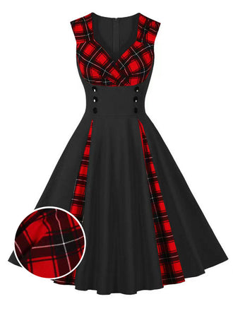 Rot & Schwarz 1950er Kariertes V-Ausschnitt Kleid