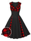 Rot & Schwarz 1950er Kariertes V-Ausschnitt Kleid