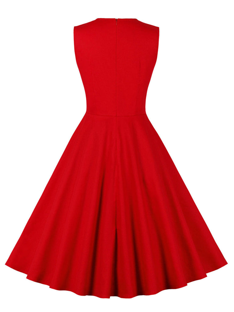 Rot & Schwarz 1950er Kariertes V-Ausschnitt Kleid