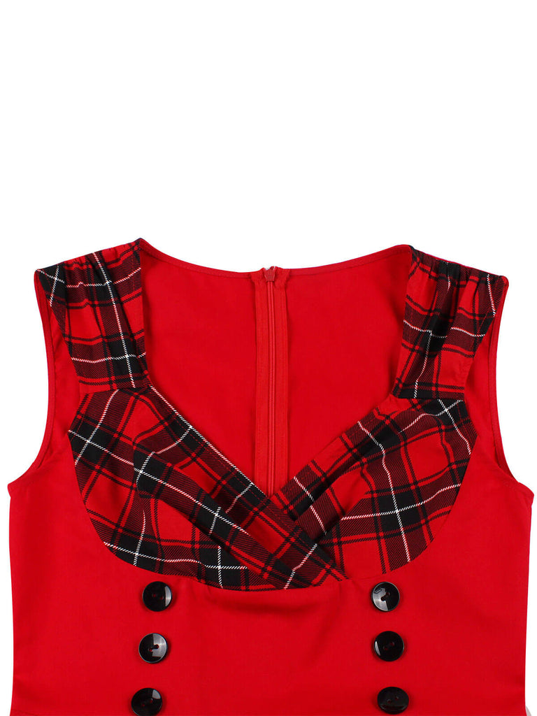 Rot & Schwarz 1950er Kariertes V-Ausschnitt Kleid