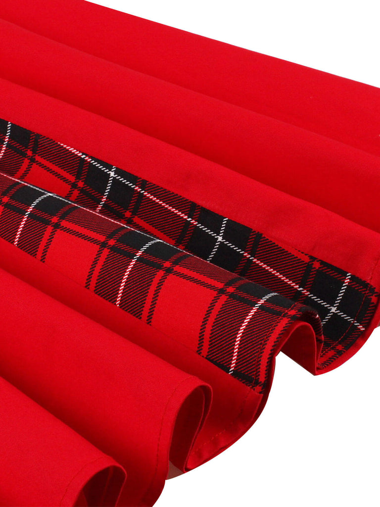 Rot & Schwarz 1950er Kariertes V-Ausschnitt Kleid