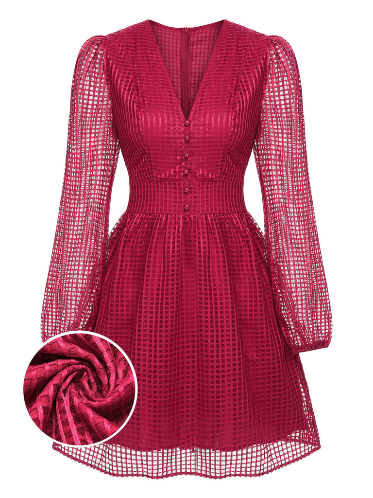 Weinrotes 1960er  Kleid mit kariertem V-Ausschnitt