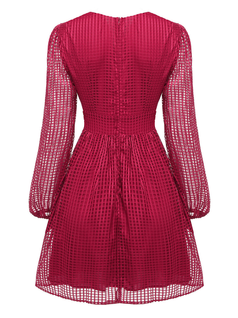 Weinrotes 1960er  Kleid mit kariertem V-Ausschnitt