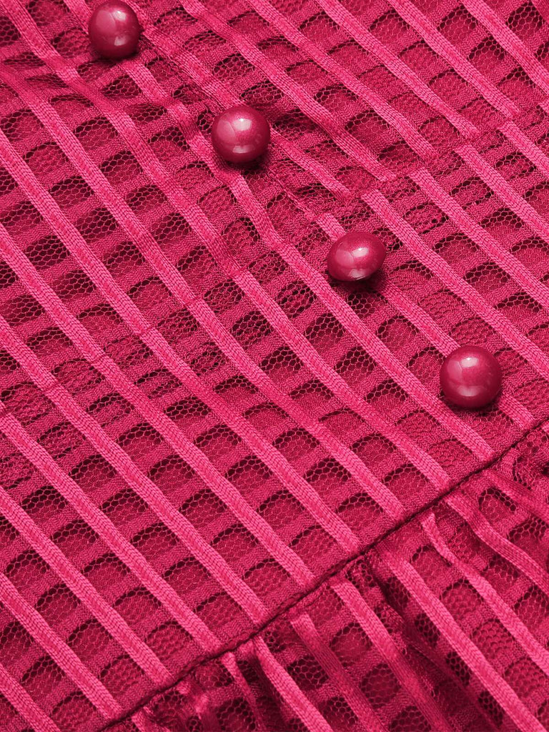 Weinrotes 1960er  Kleid mit kariertem V-Ausschnitt