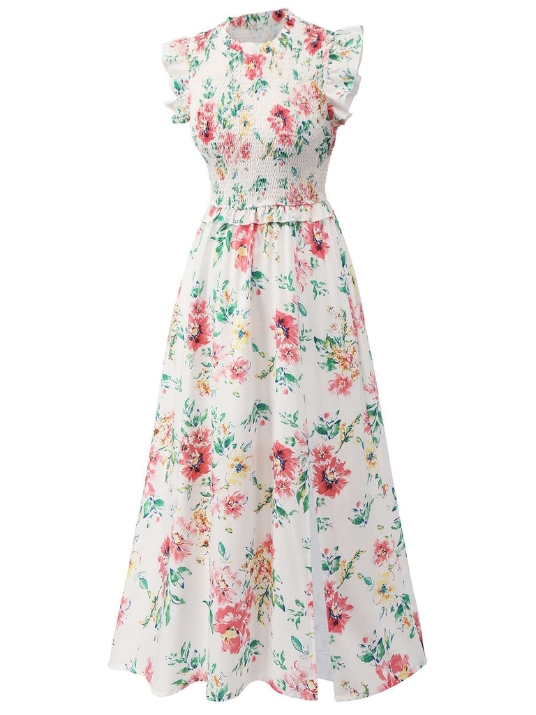 Weißes 1940er ärmelloses Kleid mit Blumen und Rüschen
