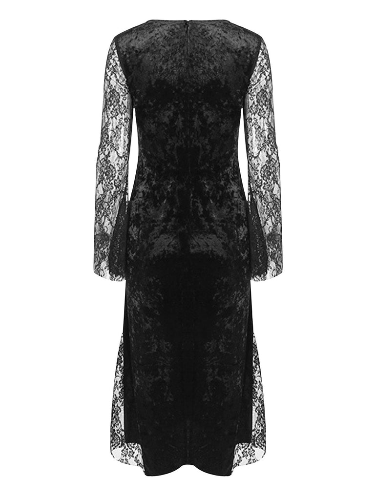 Schwarzes 1960er Halloween-Schlitz-Spitzenkleid