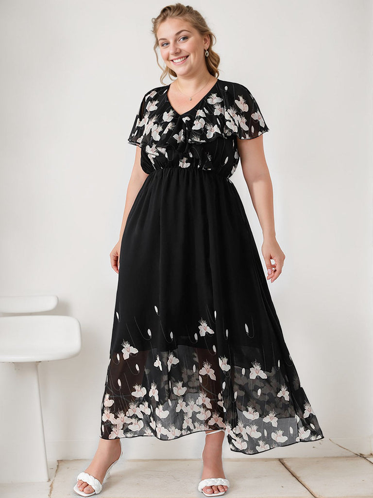 [Plus Size] Schwarzes 1950er V-Ausschnitt Schmetterlinge Patchwork Kleid