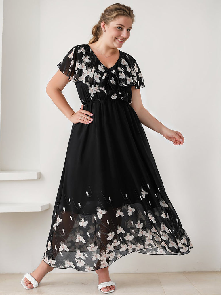 [Plus Size] Schwarzes 1950er V-Ausschnitt Schmetterlinge Patchwork Kleid