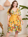 [Plus Size] Gelbes 1950er V-Ausschnitt Kleid mit Gürtel und Blumenmuster