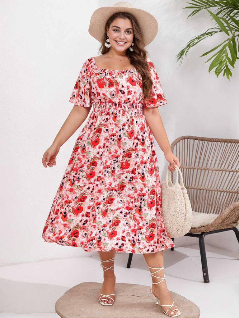 [Plus Size] 1950er Quadratischer Kragen Ditsy Floral Kleid