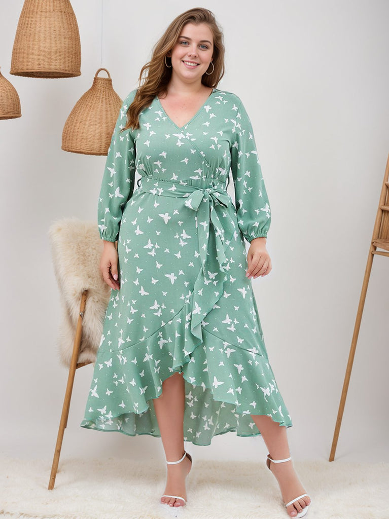 [Plus Size] Grünes 1940er V-Ausschnitt Schmetterlinge Puffärmliges Kleid