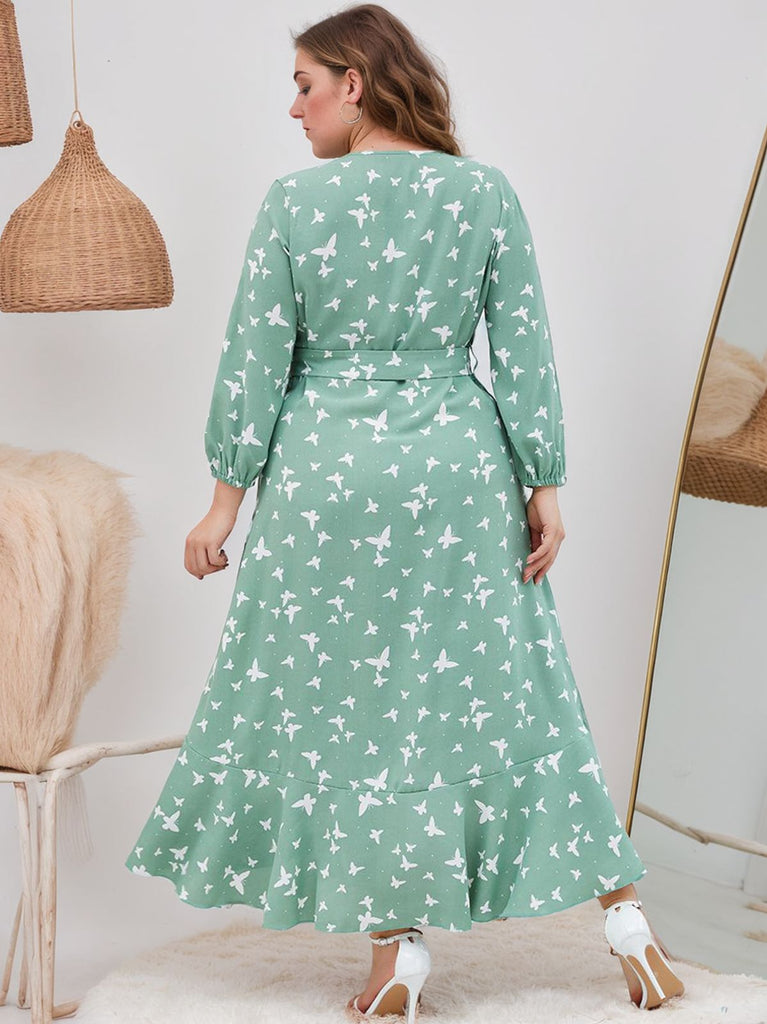[Plus Size] Grünes 1940er V-Ausschnitt Schmetterlinge Puffärmliges Kleid