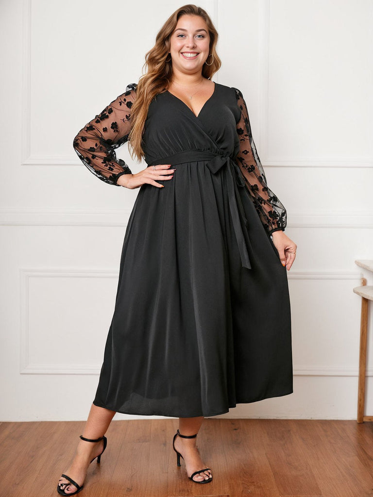 [Plus Size] Schwarzes 1950er Kleid mit geblümten Mesh-Ärmeln