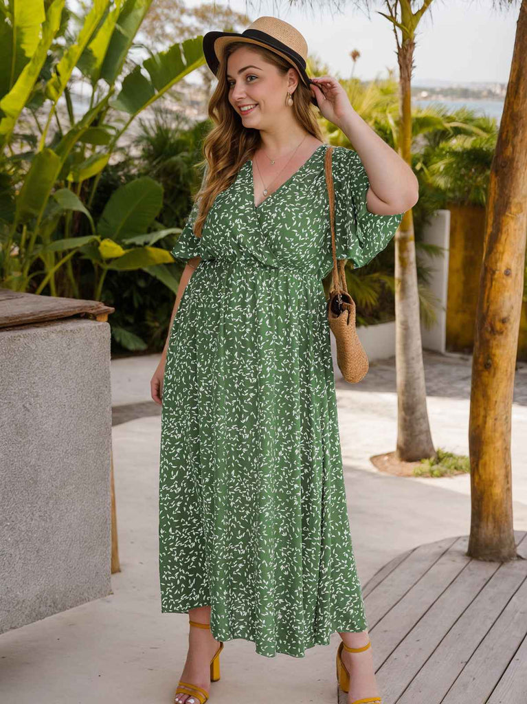 [Plus Size] Grünes 1950er Kleid mit V-Ausschnitt und kleinen Blättern